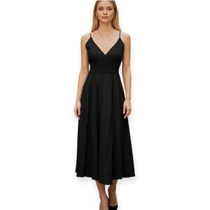 Elegant ZARA Black Linen-Blend Back-Tie Midi Dress – Size L (Made in Morocco)